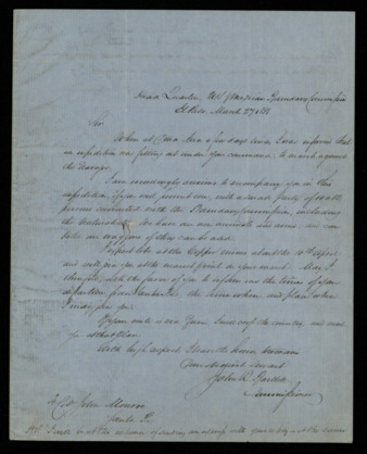 Letter to Colonel Monroe regarding Bartlett accompanying an expedition into Brazos County