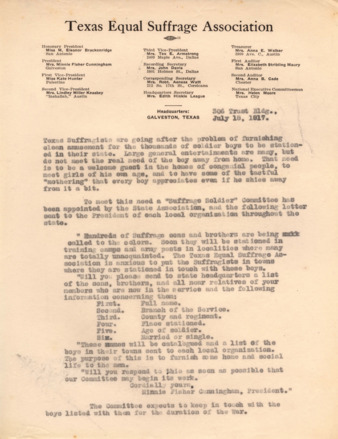 Letter from Minnie Fisher Cunningham to Texas Suffragists, on creating Suffrage Solider Committee
