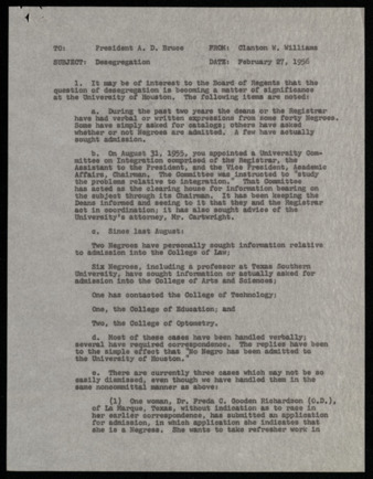 Memorandum from Clanton W. Williams to A. D. Bruce, regarding desegregation becoming a significant matter for the University of Houston