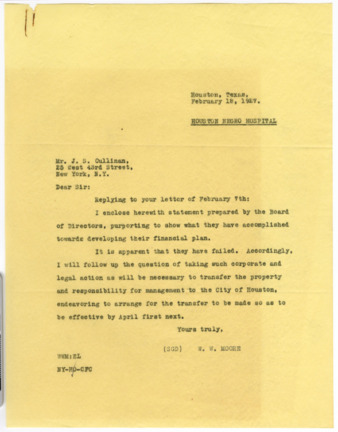 Letter from W. W. Moore to J. S. Cullinan, 1927 February 18