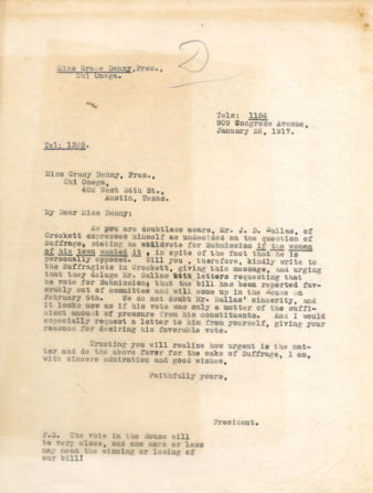 Letter from Minnie Fisher Cunningham to Miss Gracy Denny, 1917 January 26