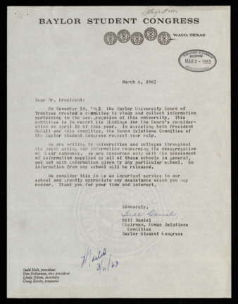 Correspondence from Bill Daniel and Philip G. Hoffman, including a survey regarding desegregation of campuses throughout the South