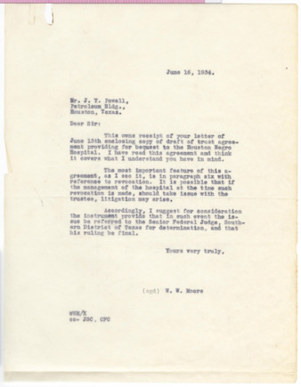 Letter from W. W. Moore to J. Y. Powell, 1934 June 16