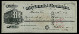 Check drawn on City Bank of Houston to Joseph Mitchel for $31.06