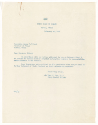 Letter from George W. Cox to Governor James V. Allred, 1938 February 26