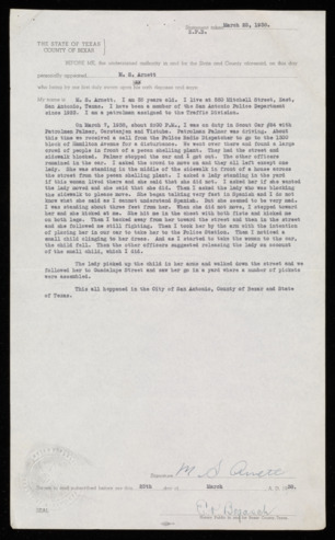 Sworn statement by patrolman M. S. Arnett