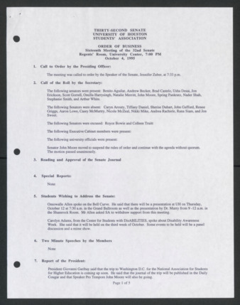 Thirty-second Senate, University of Houston, Students' Association, Order of Business [Minutes], Sixteenth Meeting, October 4, 1995