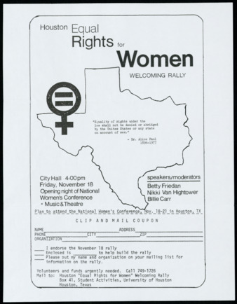 Houston Equal Rights for Women Welcoming Rally flier and letter