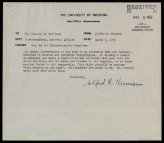 Memorandum from A. D. Bruce to Clanton W. Williams, concerning a study by the faculty committee on integration (with memo)