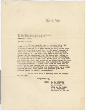 Letter from board of directors to board of advisors, 1929 November 15