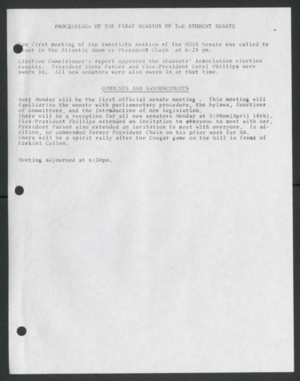 Senate Journal, Twentieth Senate, University of Houston Student Government Association, Minutes, Vol. 20, No. 1, April 4, 1983