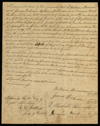 Probate Court document regarding the bond of William Primm