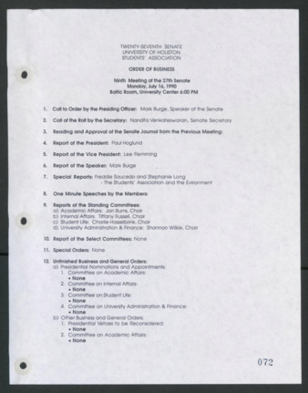 Twenty-seventh Senate, University of Houston, Students' Association, Order of Business, Ninth Meeting, July 16, 1990