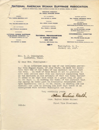 Letter from Mrs. Walter McNab Miller to Mrs. B. J. Cunningham
