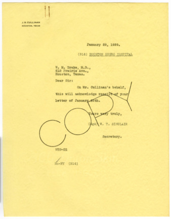 Letter from W. T. Sinclair to W. M. Drake, 1929 January 29