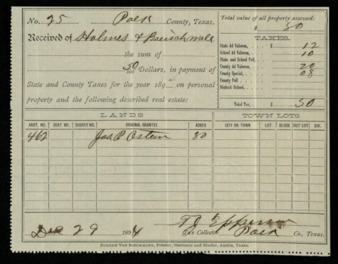 Receipt for taxes paid by Holmes and Bienschwall on land originally owned by J. P. Osteen