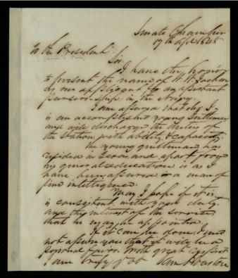 Letter from Sam Houston to President James K. Polk recommending W.W. Jackson for an assistant pursers-ship in the Navy