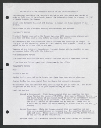 Senate Journal, Twentieth Senate, University of Houston Student Government Association, Minutes, Twentieth Meeting, November 28, 1983