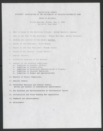 Twenty-third Senate, Students' Association of the University of Houston-University Park, Order of Business [Agenda], Fourth Meeting, May 5, 1986