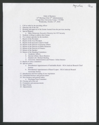 Order of Business [Agenda], 14th Meeting of the 47th Administration, October 13, 2010