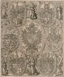 Coats of arms of the seven electorates of Germany, including that of Holy Roman Emperor Rudolph II and the six Virtues