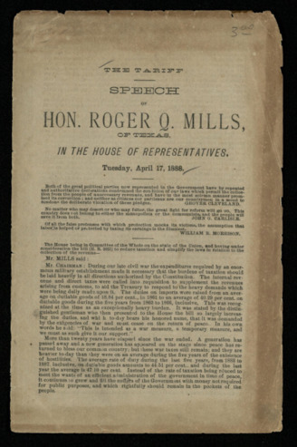 Printed transcript booklet of the speech given by Hon. Roger Q. Mills of Texas to the House of Representatives