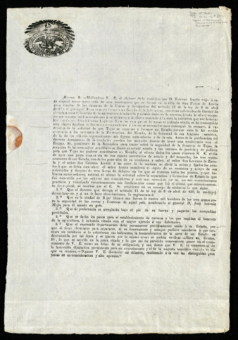 Broadside text of letter by the Representatives of the State of Coahuila and Texas regarding Austin’s meeting with Santa Anna.