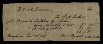 Receipt of payment for tuition and boarding to William A. Browning from S. A. Jenkins