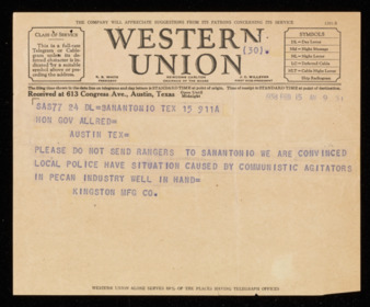 Telegram from Kingston Manufacturing Co. to Governor James V. Allred, 1938 February 15