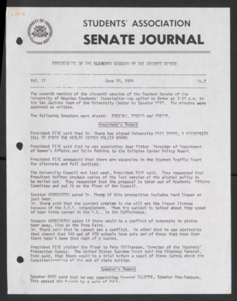 Senate Journal, Eleventh Senate, University of Houston Student Government Association, Minutes, Vol. 11, No. 7, June 10, 1974