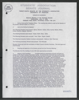 Senate Journal, Vol. 1, Twenty-sixth Senate Students' Association, University of Houston, Order of Business [Minutes], Second Meeting, Summer Senate, July 5, 1989