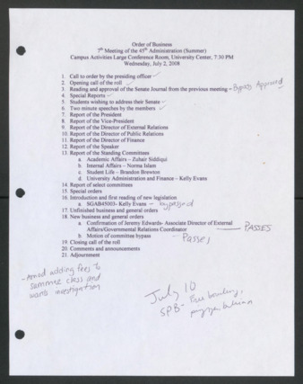 Order of Business [Agenda], 7th Meeting of the 45th Administration, July 2, 2008