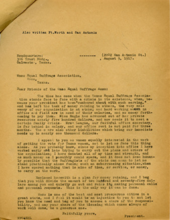 Letter from Minnie Fisher Cunningham to Waco Equal Suffrage Association, about fundraising