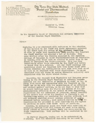Letter from H. E. Lee and B. J. Covington to the Board of Directors and Advisory Committee, 1928 December 5