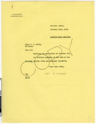 Letter from W. T. Sinclair to W. W. Moore, 1925 November 10