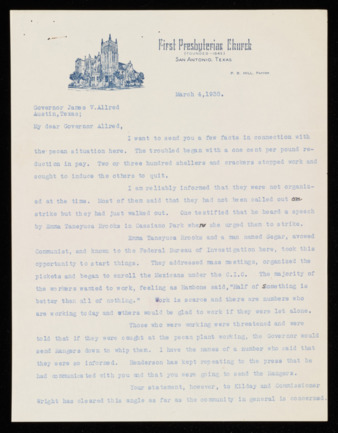 Letter from Pastor Pierre B. Hill to Governor James V. Allred, 1938 March 4