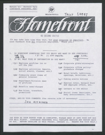 Homefront, January 1985, 60 Second Critic survey tally sheet