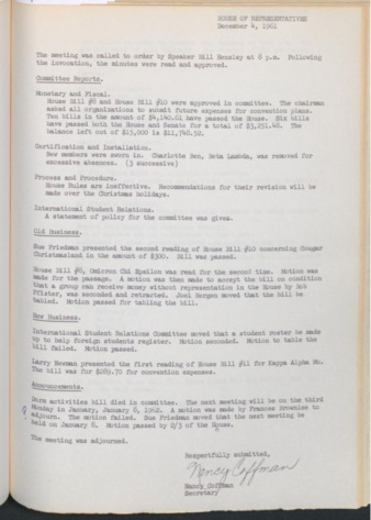 Hardbound Senate Journal, House of Representatives, Minutes, December 4, 1961