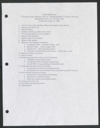 Order of Business [Agenda], 4th Senate Meeting of the 39th Administration, June 12, 2002