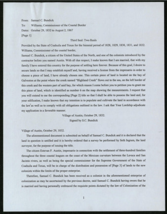 Translation of Land grant issued by the State of Coahuila and Texas to Samuel C. Bundick