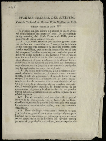 Orden General Num. 287, Cuartel General del Ejercito