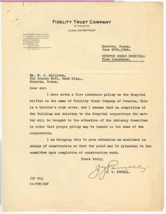 Letter from J. Y. Powell to M. J. Sullivan, 1926 June 25