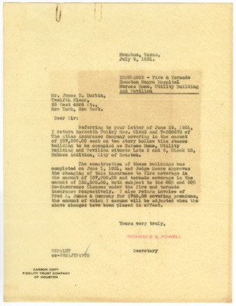 Letter from R. E. Powell to James H. Durbin, 1931 July 9