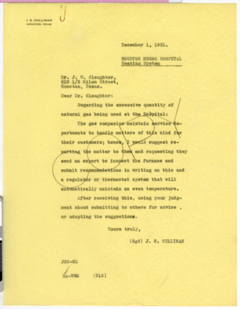 Letter from J. S. Cullinan to J. W. Slaughter, 1931 December 1