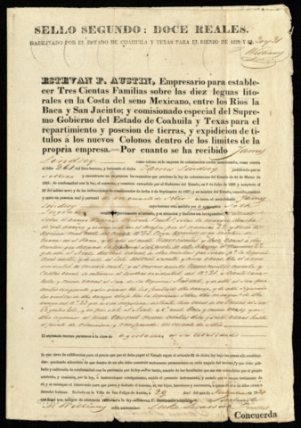 Broadside title to one quarter league of land from Stephen Fuller Austin to James Lindsay