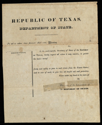 Safe conduct form for Republic of Texas citizens traveling to and from the United States