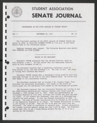 Senate Journal, Fifth Senate, University of Houston Student Government Association, Minutes, Vol. 5, No. 14, September 30, 1968