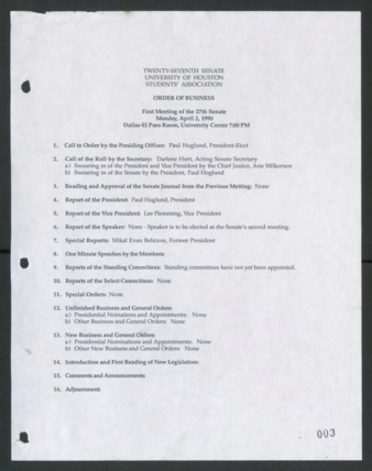 Twenty-seventh Senate, University of Houston, Students' Association, Order of Business, First Meeting, April 2, 1990