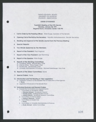 Twenty-seventh Senate, University of Houston, Students' Association, Order of Business, Twentieth Meeting, January 28, 1991