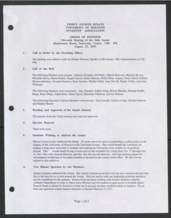 Thirty-fourth Senate, University of Houston, Students' Association, Order of Business [Minutes], Eleventh Meeting, August 27, 1997